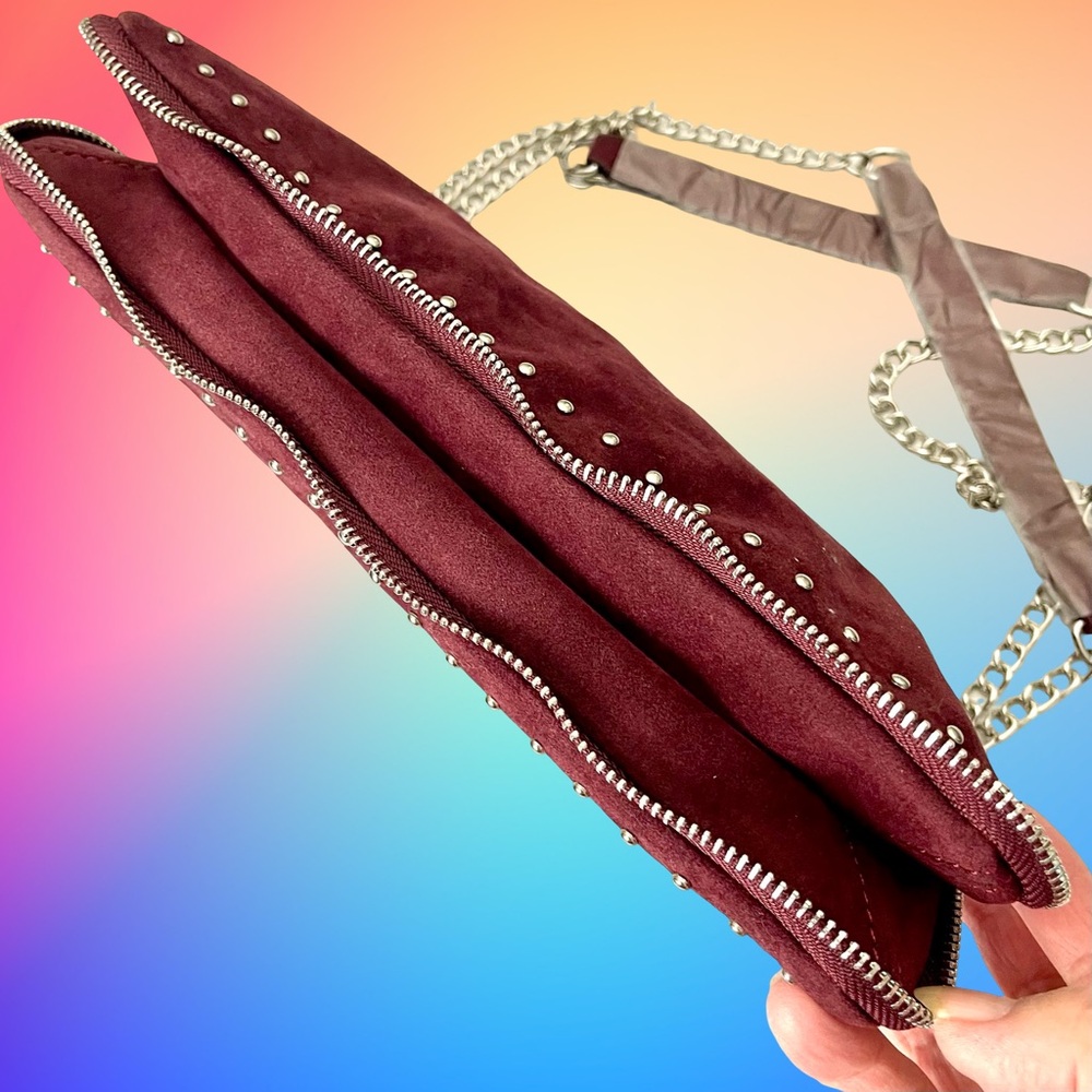 Burgundy Faux Suede Zip Close Crossbody Studded Detail NWOT - Picture 4 of 8